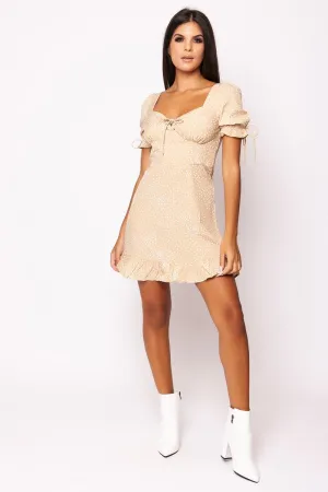 Evangeline - Nude & White Polka Dot Lace Up Dress