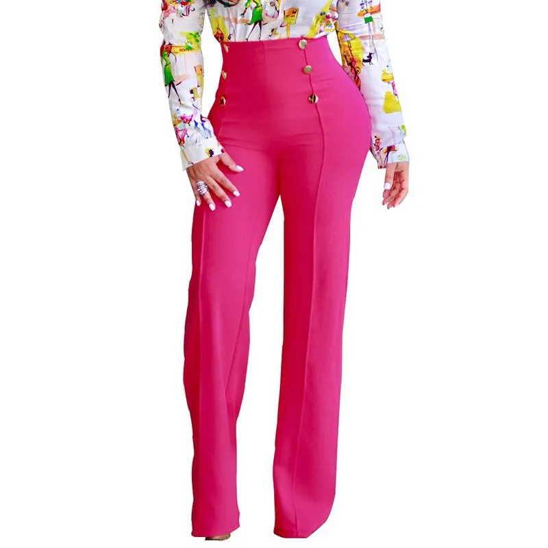 Fashion Slim Button High Waist Women Flare Pants
