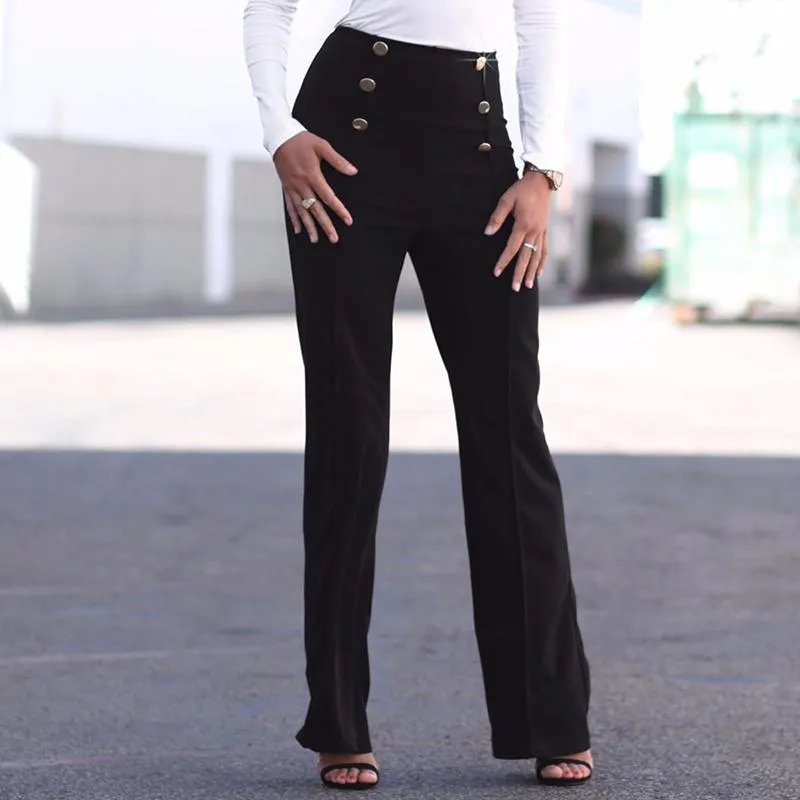 Fashion Slim Button High Waist Women Flare Pants