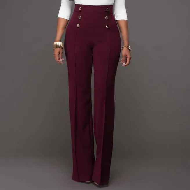 Fashion Slim Button High Waist Women Flare Pants