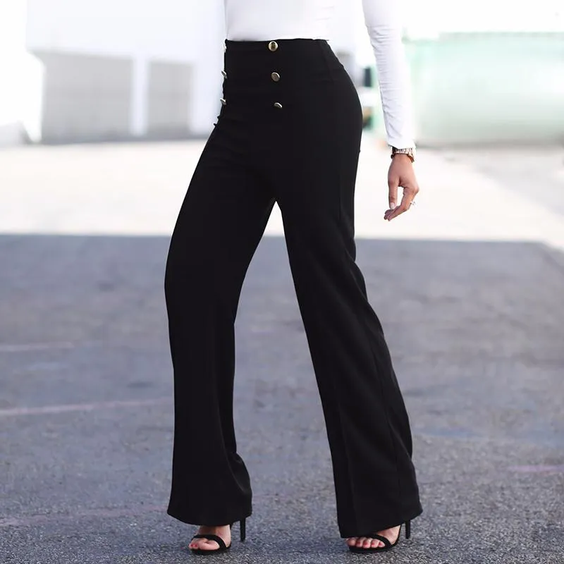 Fashion Slim Button High Waist Women Flare Pants