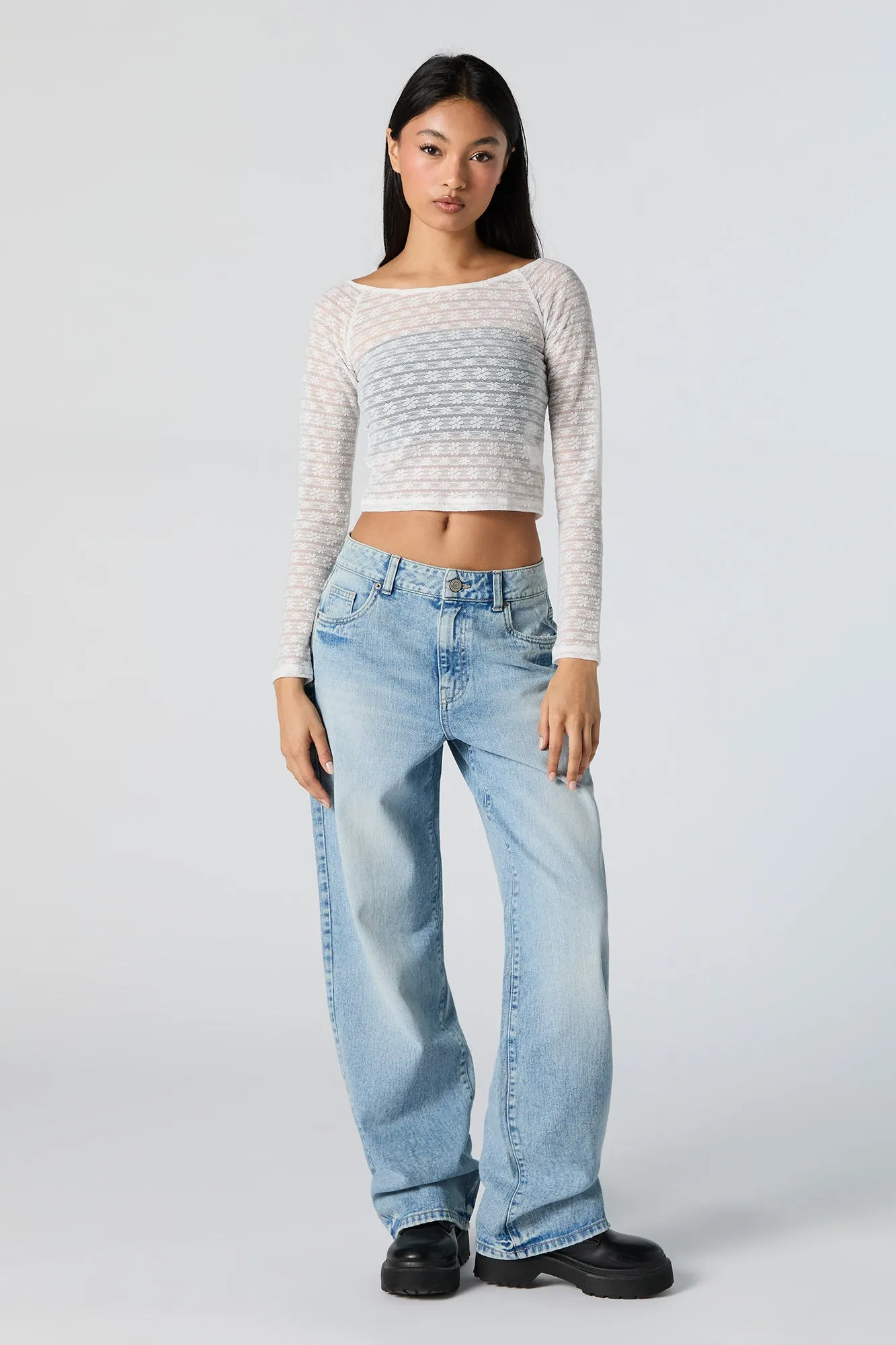 Floral Lace Long Sleeve Crop Top