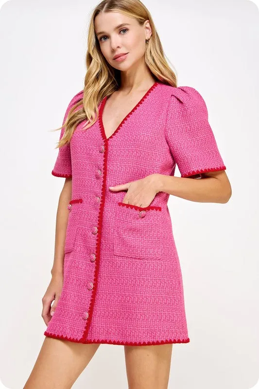 Fuchsia/Red Embroidered Tweed Mini Dress