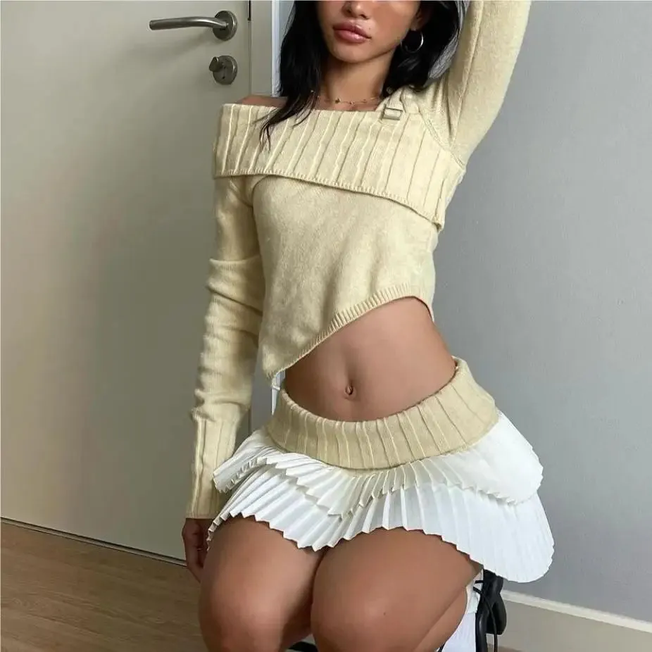 Girlary 2024 Summer Mini Skirts Women Kawaii Sweater Skirts Y2k Clothes Pleated Skirts for Woman Color Block High Waisted Skirts Knitted