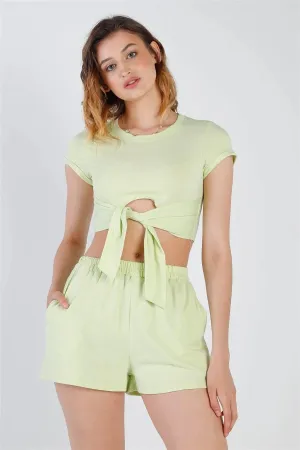 Green Cut-Out Detail Self-Tie Hem Short Sleeve Crop Top & High Waist Short Set /2-2-2