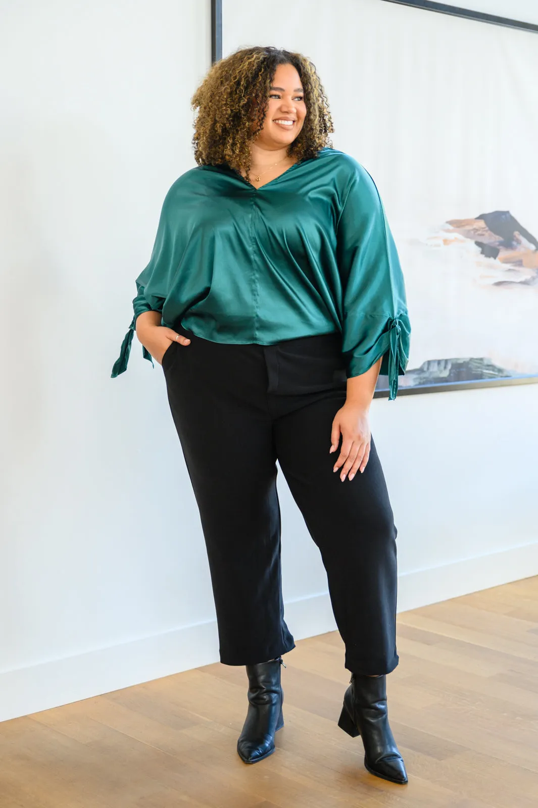 Green Satin Dreams Dolman Tie Sleeve Blouse
