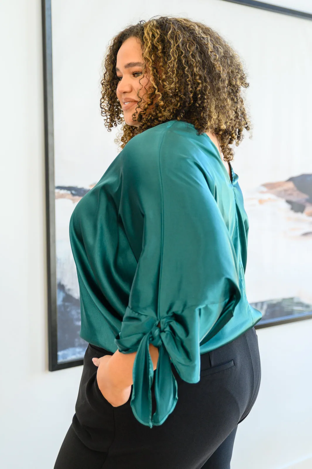 Green Satin Dreams Dolman Tie Sleeve Blouse