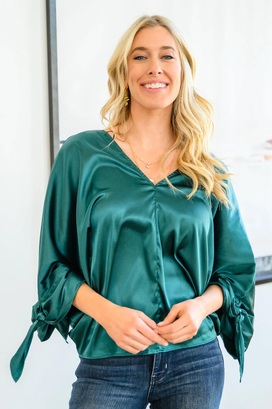 Green Satin Dreams Dolman Tie Sleeve Blouse