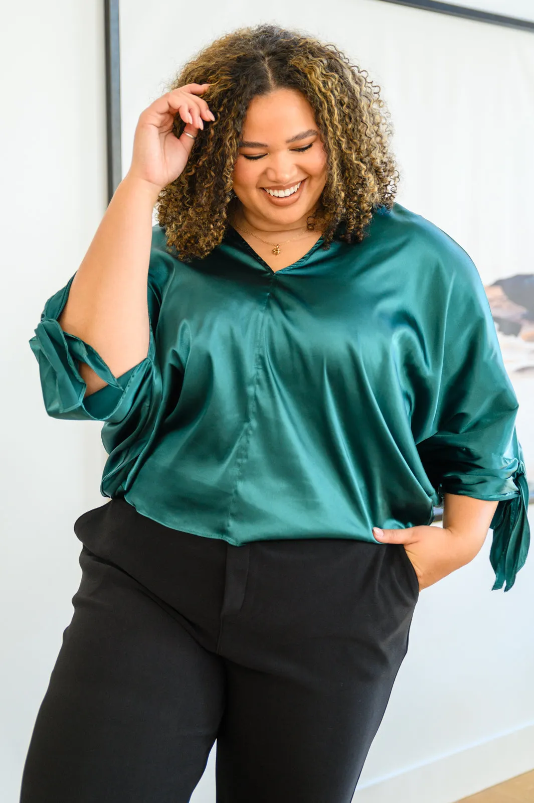 Green Satin Dreams Dolman Tie Sleeve Blouse