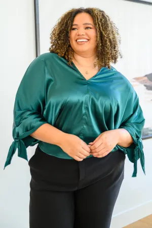 Green Satin Dreams Dolman Tie Sleeve Blouse
