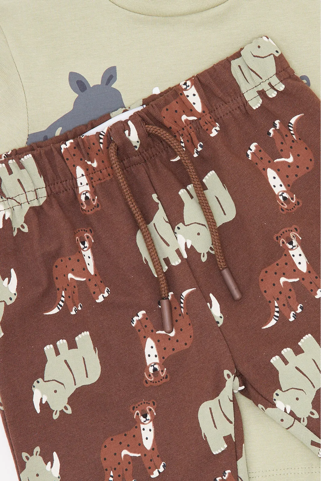 Infant Boys Beige And Brown Printed Pyjama Set (2 Piece)