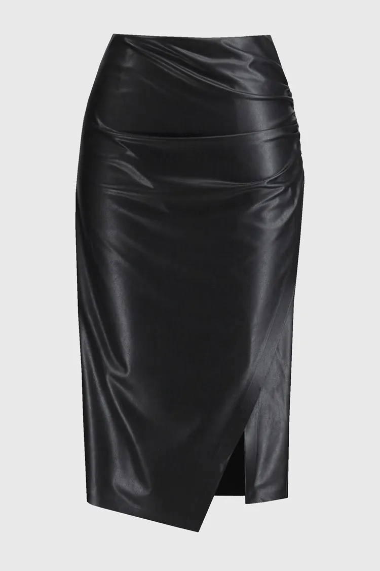 Joseph Ribkoff Vegan Leather Pull-On Shirred Pencil Skirt - Black