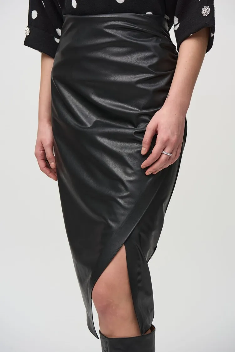 Joseph Ribkoff Vegan Leather Pull-On Shirred Pencil Skirt - Black