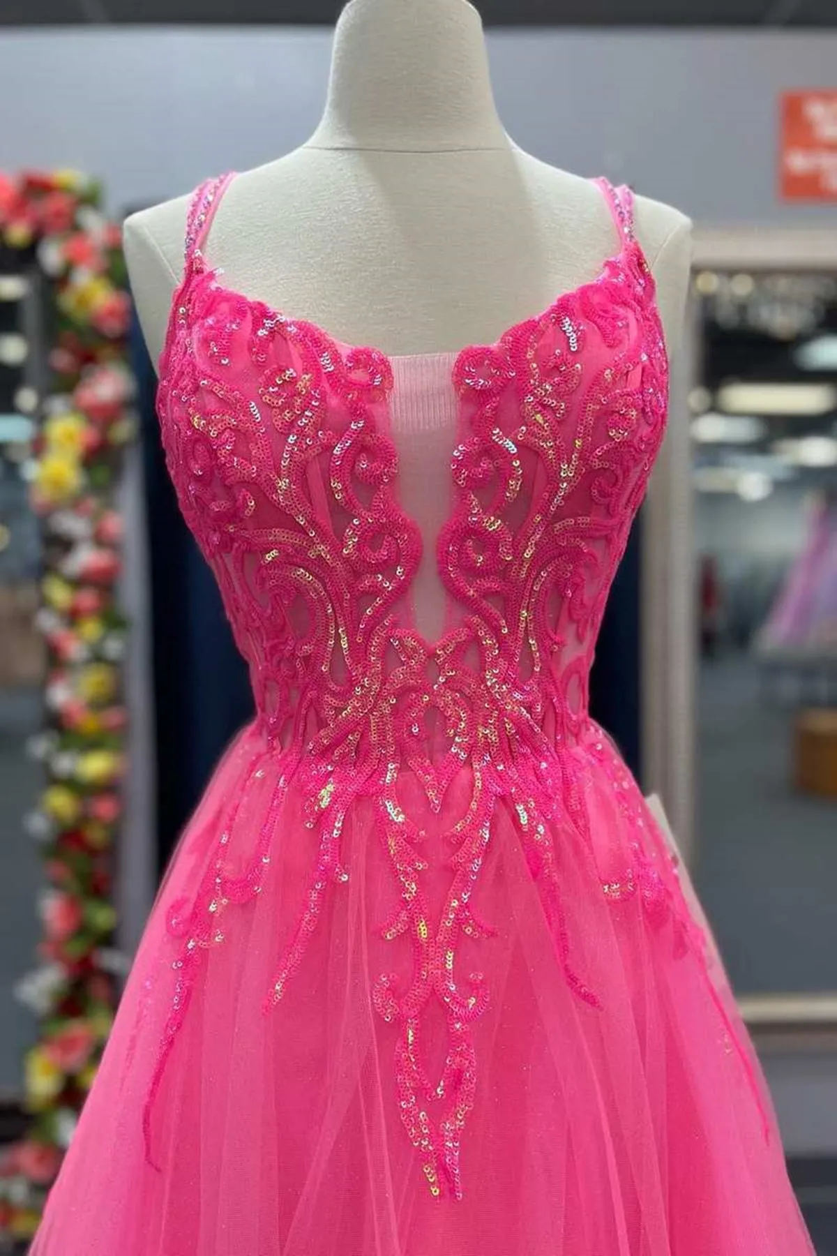 kamahe V Neck Hot Pink Backless Lace Prom Dresses, Open Back Hot Pink Lace Formal Evening Dresses