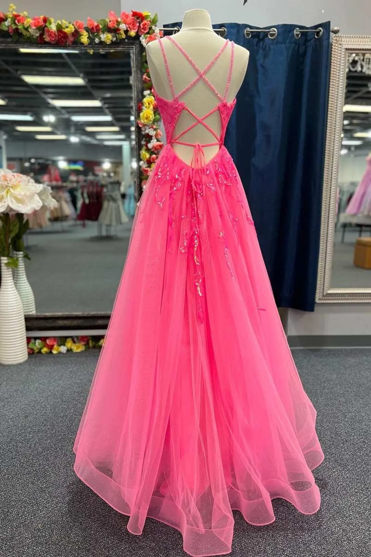 kamahe V Neck Hot Pink Backless Lace Prom Dresses, Open Back Hot Pink Lace Formal Evening Dresses