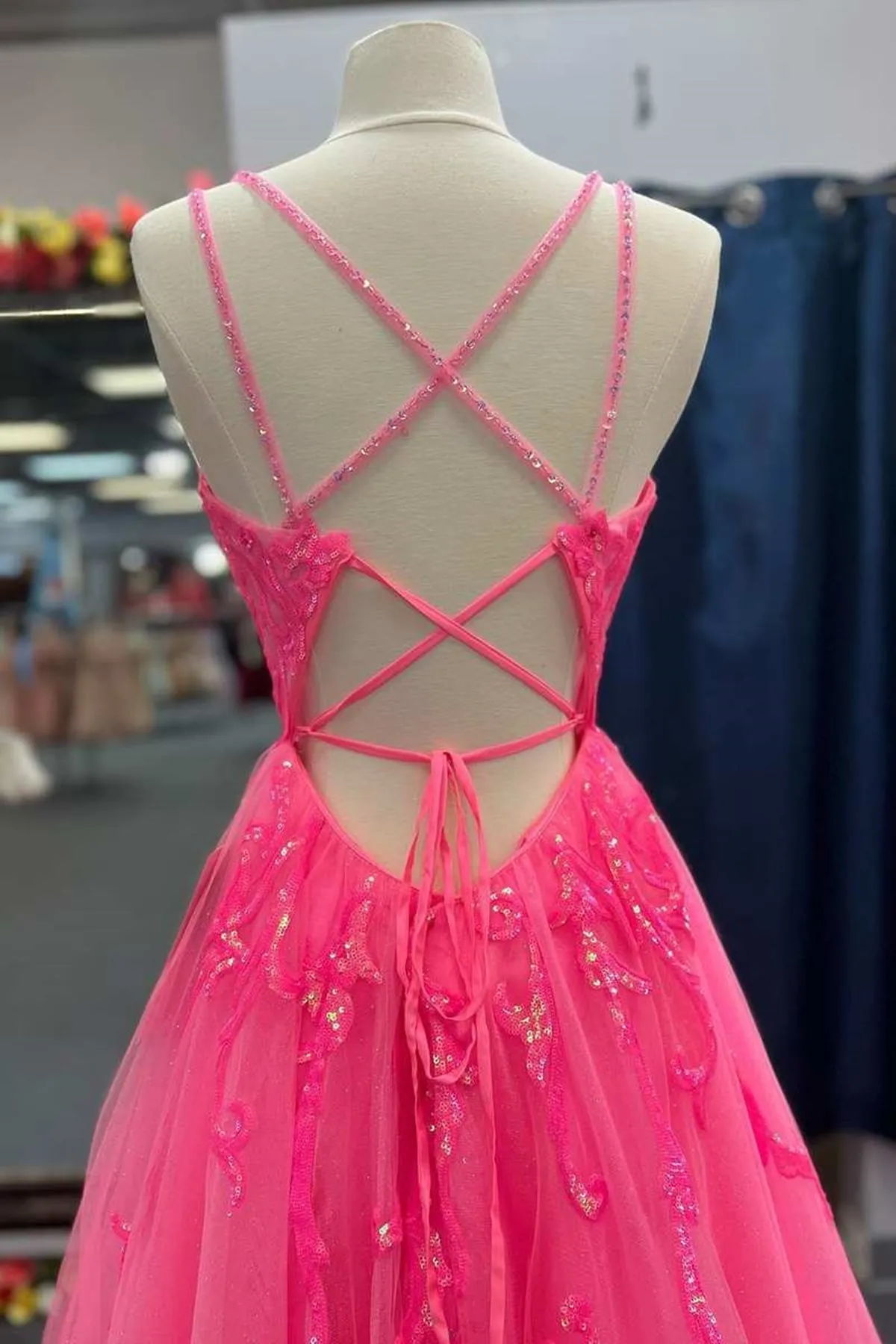 kamahe V Neck Hot Pink Backless Lace Prom Dresses, Open Back Hot Pink Lace Formal Evening Dresses