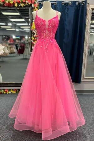 kamahe V Neck Hot Pink Backless Lace Prom Dresses, Open Back Hot Pink Lace Formal Evening Dresses