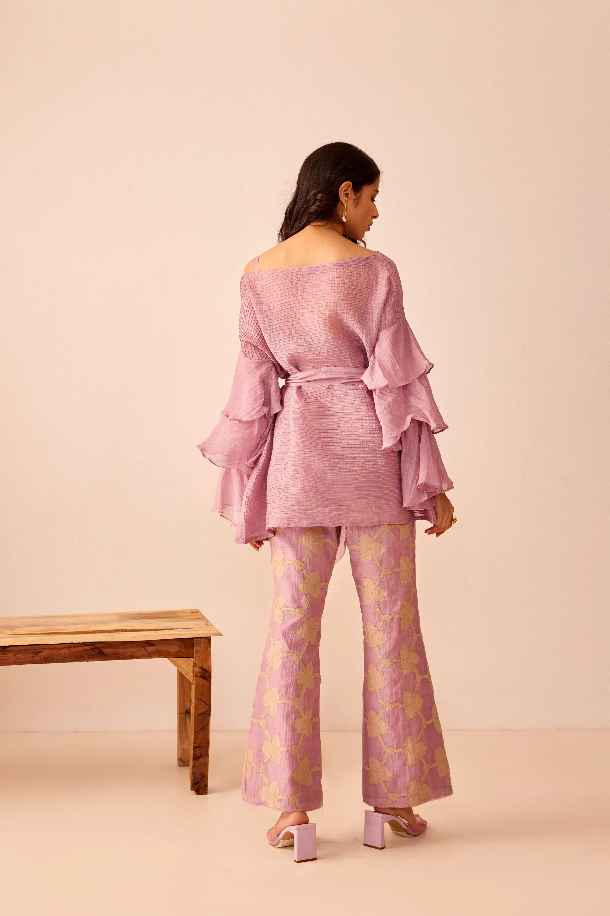 Lavender chanderi silk applique embroidered pants