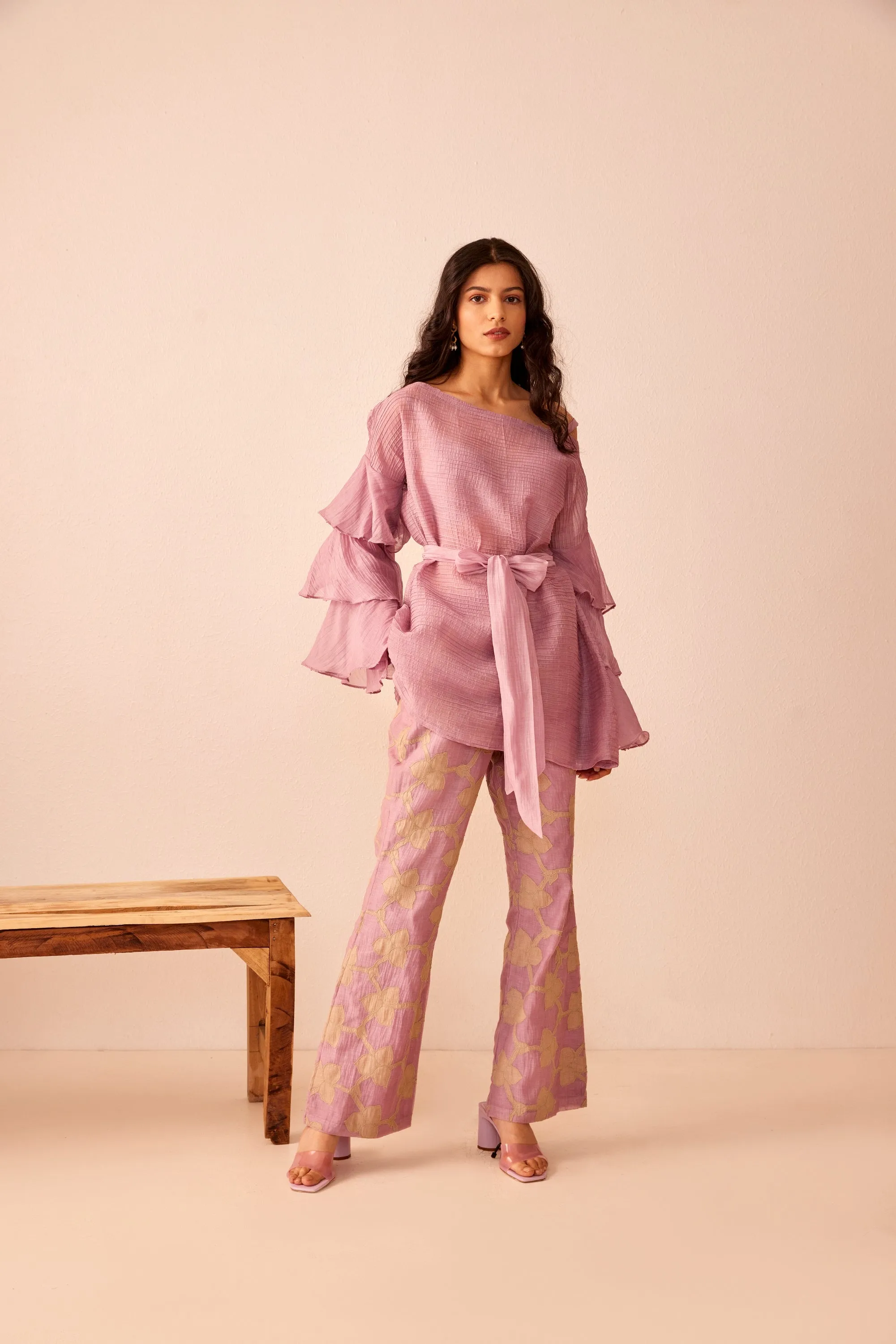 Lavender chanderi silk applique embroidered pants