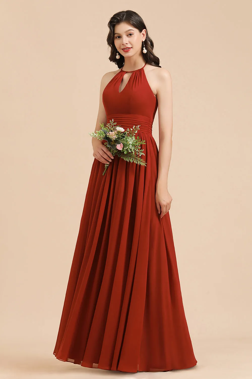 Long Halter A-line Pleated Chiffon Bridesmaid Dress