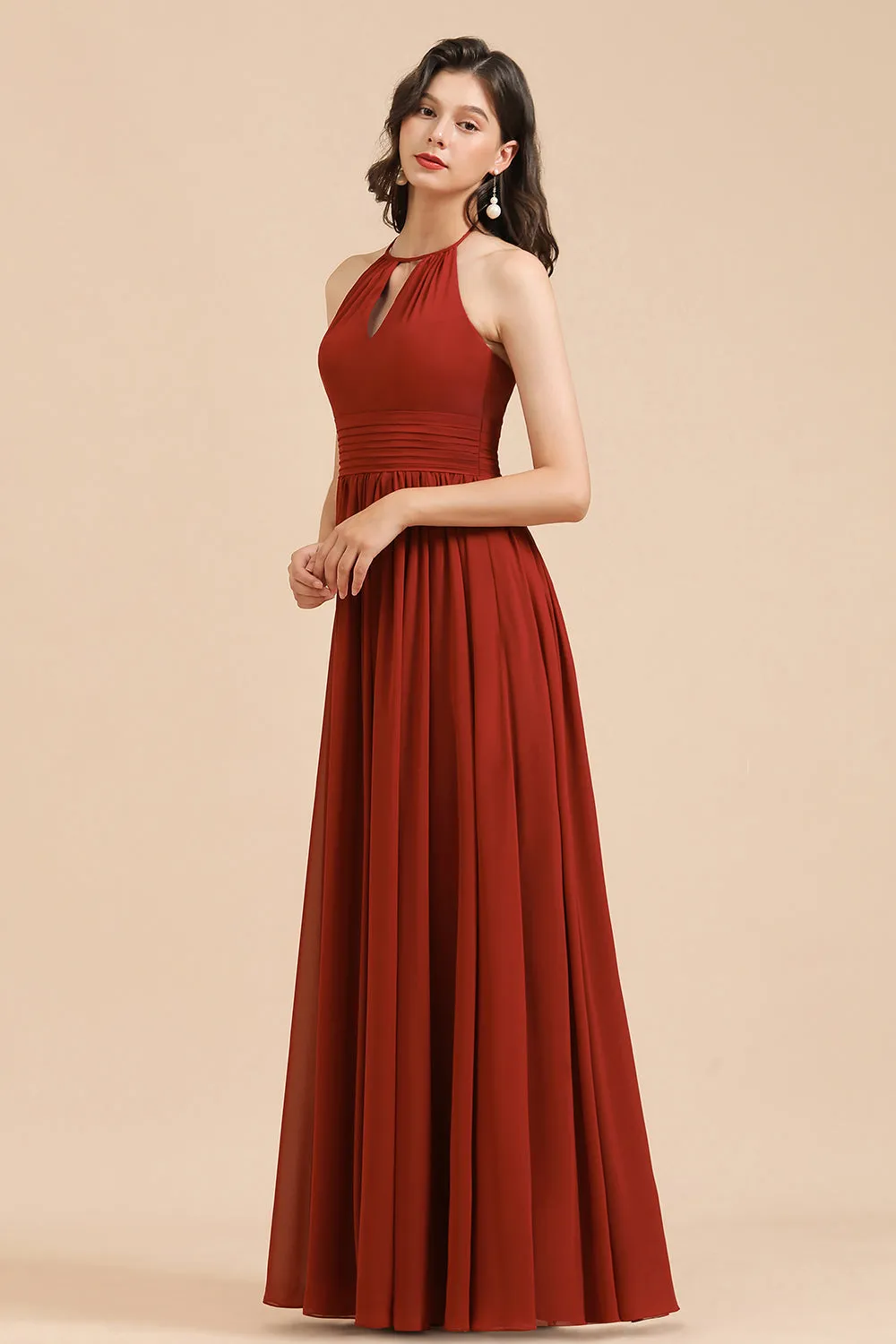 Long Halter A-line Pleated Chiffon Bridesmaid Dress
