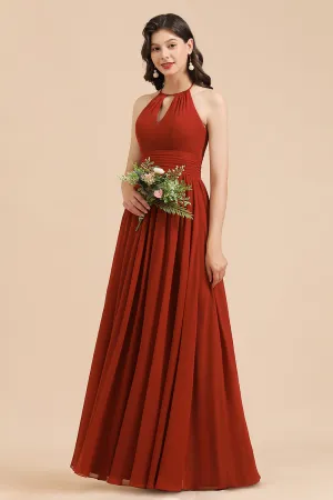 Long Halter A-line Pleated Chiffon Bridesmaid Dress