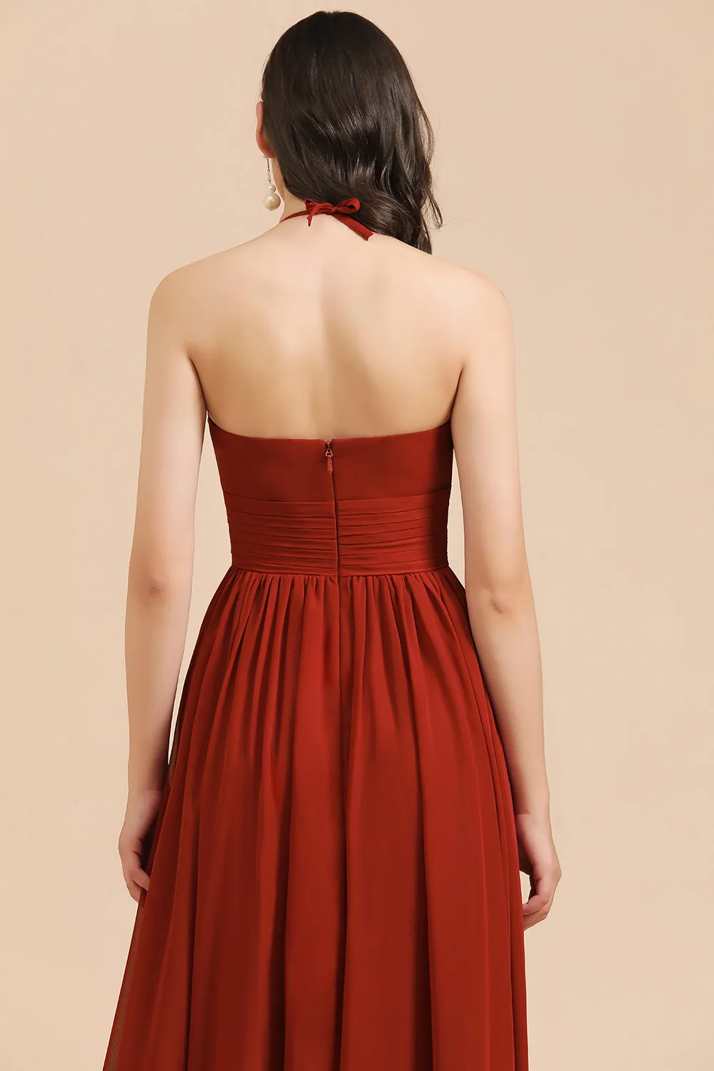 Long Halter A-line Pleated Chiffon Bridesmaid Dress