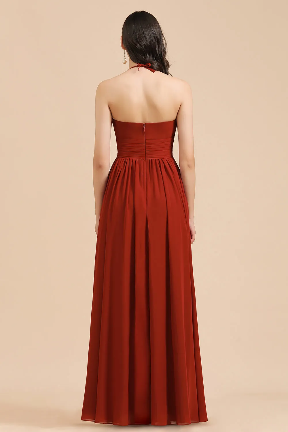 Long Halter A-line Pleated Chiffon Bridesmaid Dress