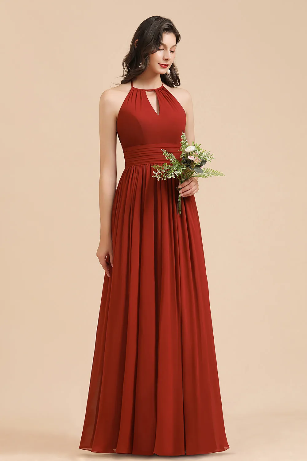 Long Halter A-line Pleated Chiffon Bridesmaid Dress