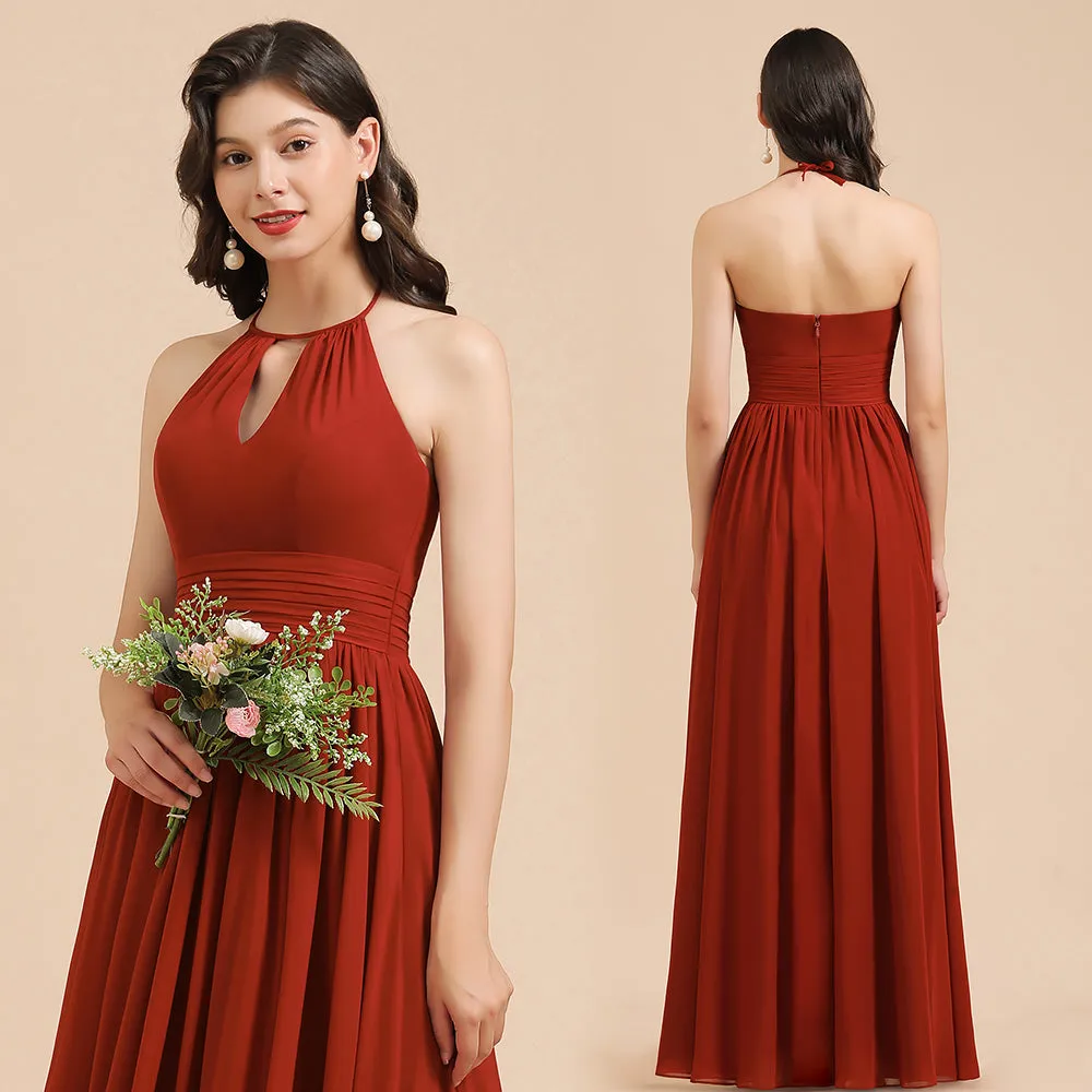 Long Halter A-line Pleated Chiffon Bridesmaid Dress