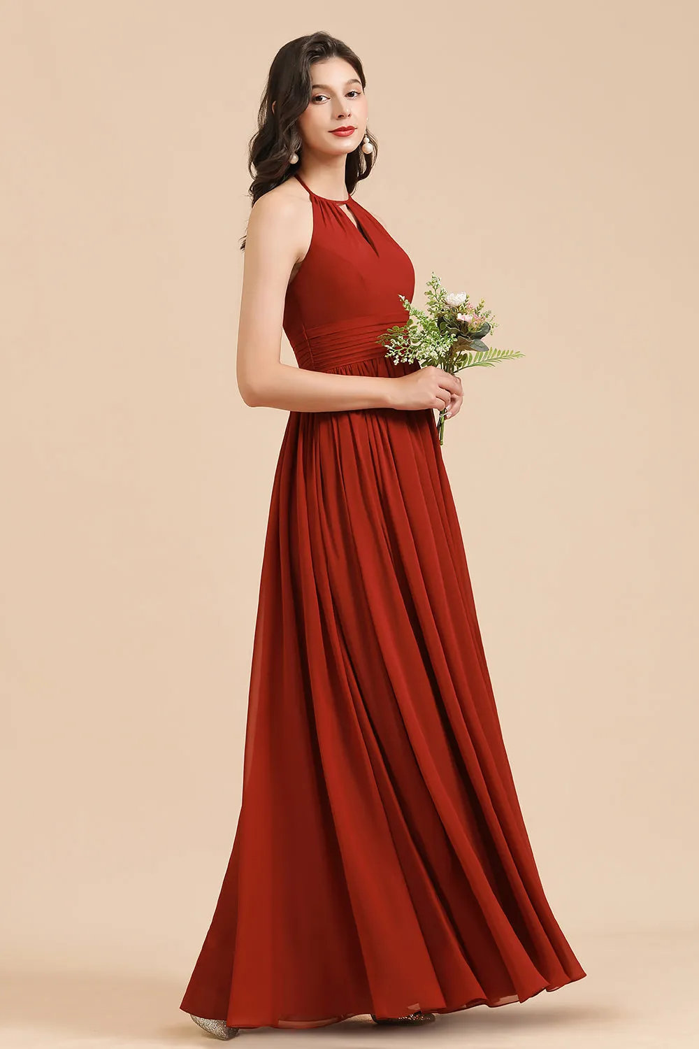 Long Halter A-line Pleated Chiffon Bridesmaid Dress