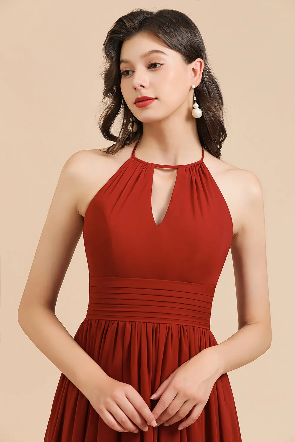 Long Halter A-line Pleated Chiffon Bridesmaid Dress