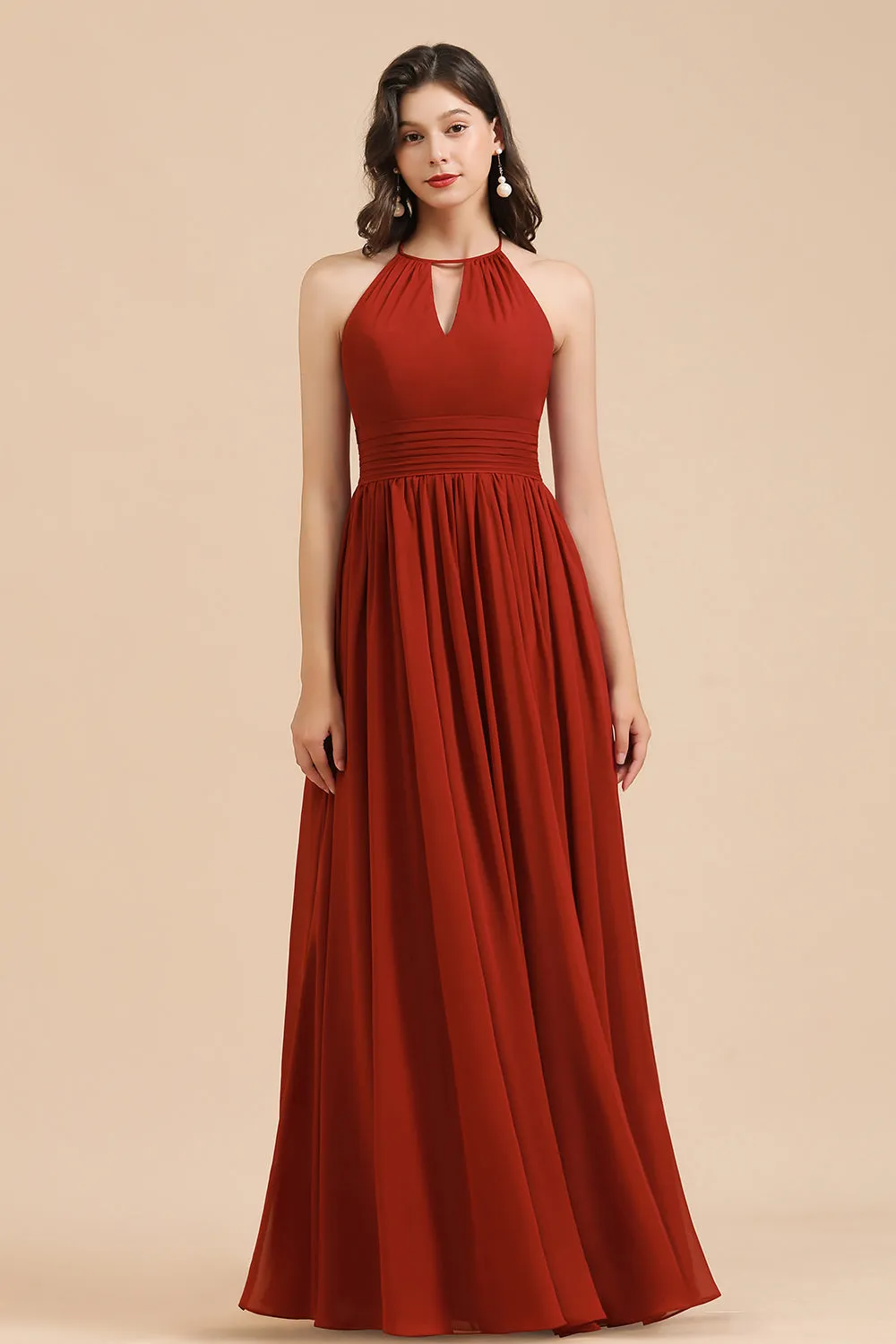 Long Halter A-line Pleated Chiffon Bridesmaid Dress