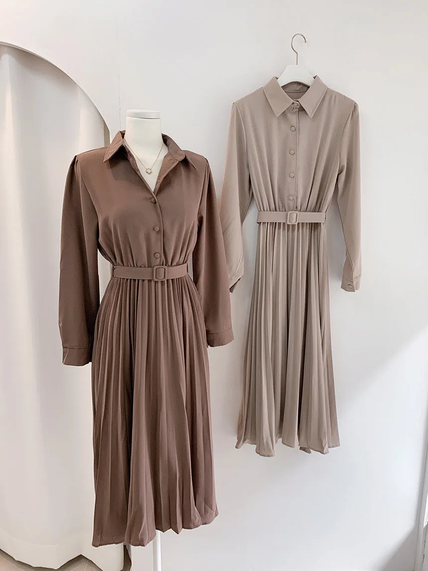 Luexco Pleated Midi Shirt Dress High Waist Sash Belt