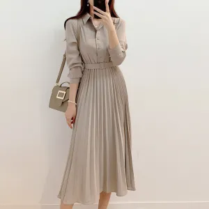 Luexco Pleated Midi Shirt Dress High Waist Sash Belt