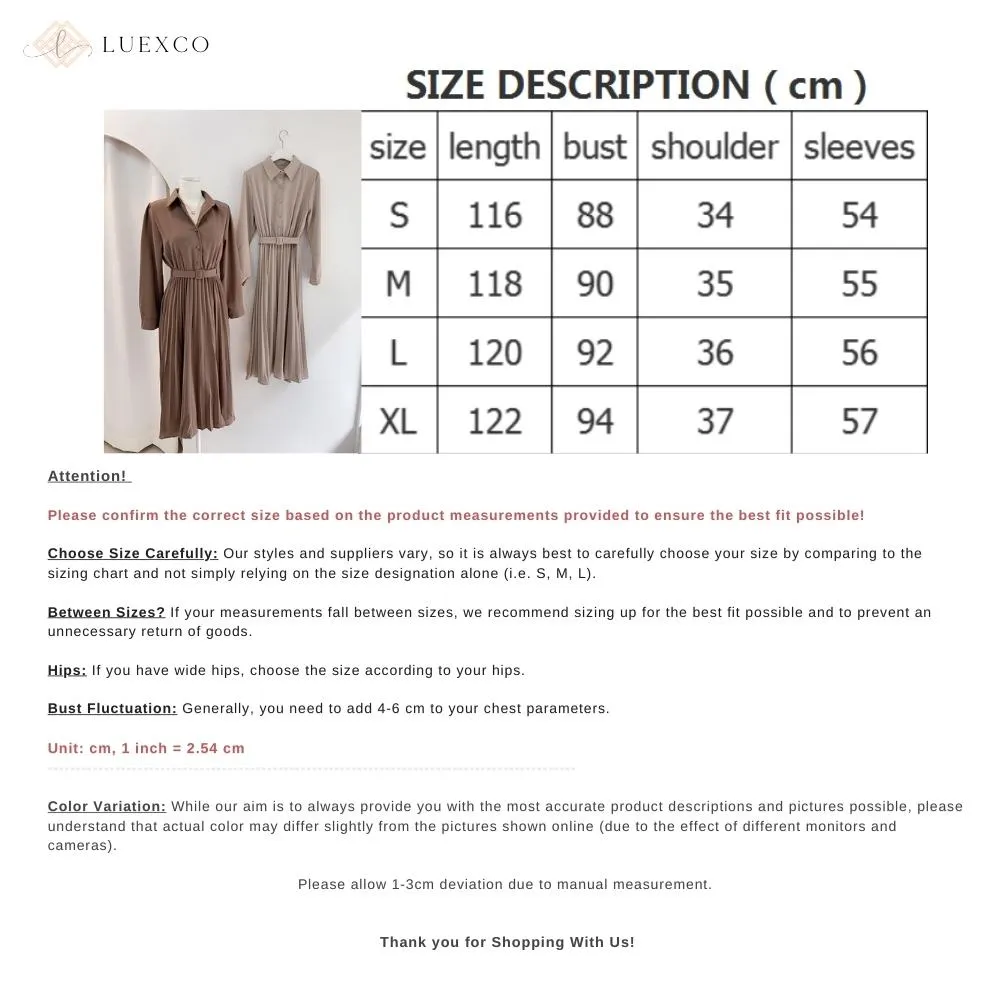 Luexco Pleated Midi Shirt Dress High Waist Sash Belt