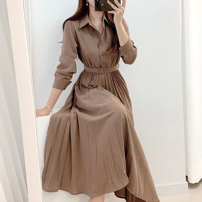 Luexco Pleated Midi Shirt Dress High Waist Sash Belt