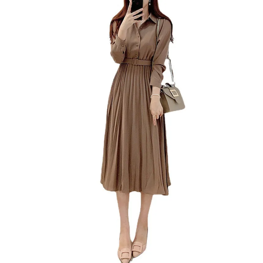 Luexco Pleated Midi Shirt Dress High Waist Sash Belt