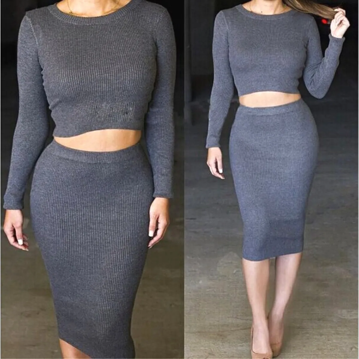Luexco Women's Long Sleeve Top With Pencil Midi Skirt Bodycon