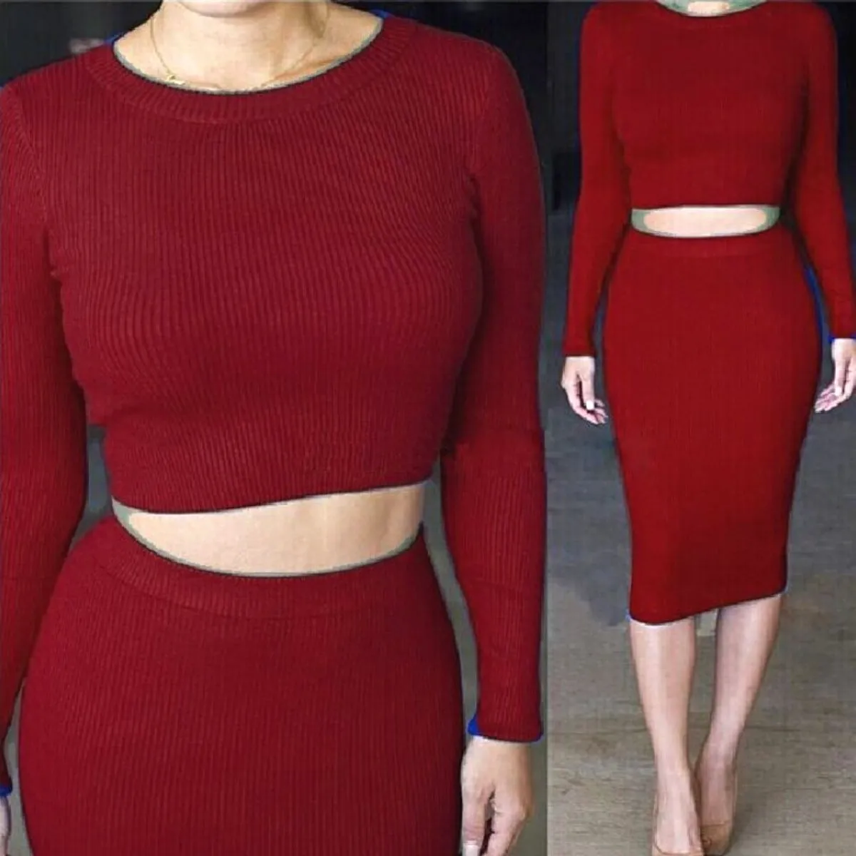 Luexco Women's Long Sleeve Top With Pencil Midi Skirt Bodycon