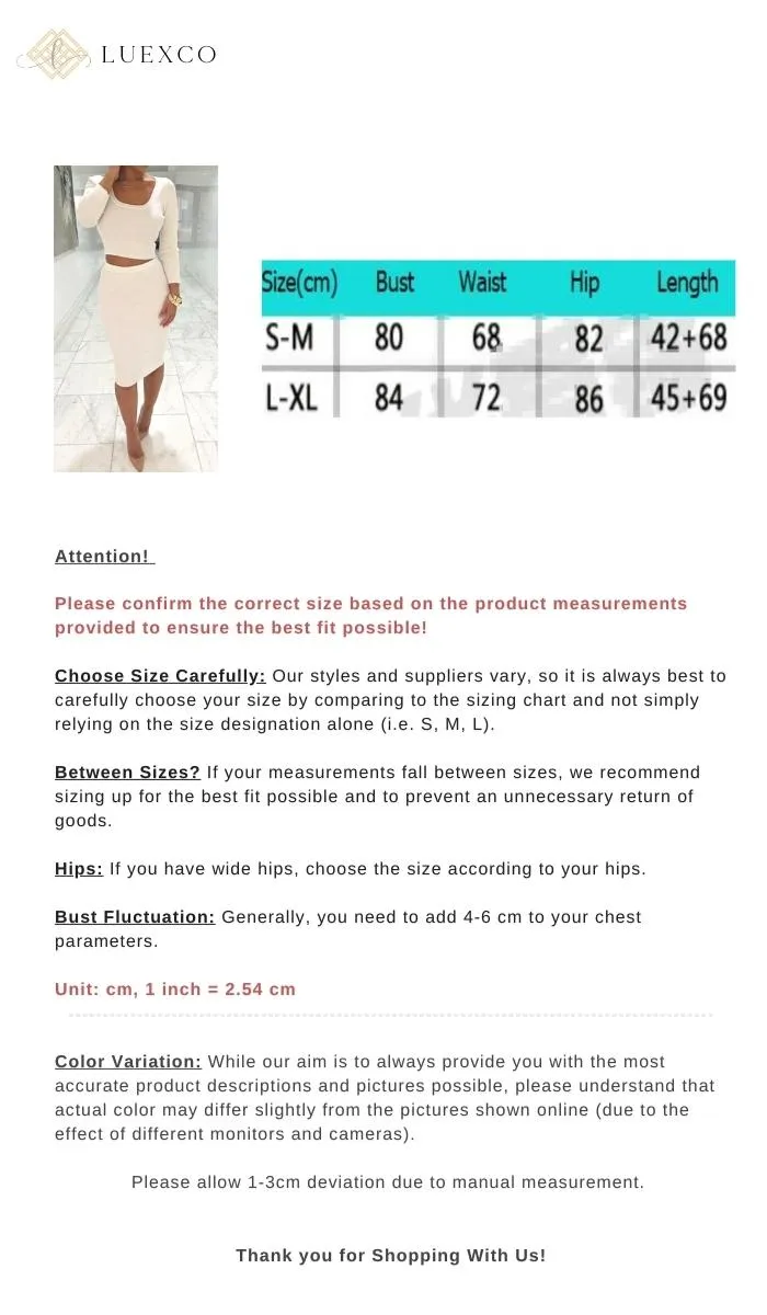 Luexco Women's Long Sleeve Top With Pencil Midi Skirt Bodycon