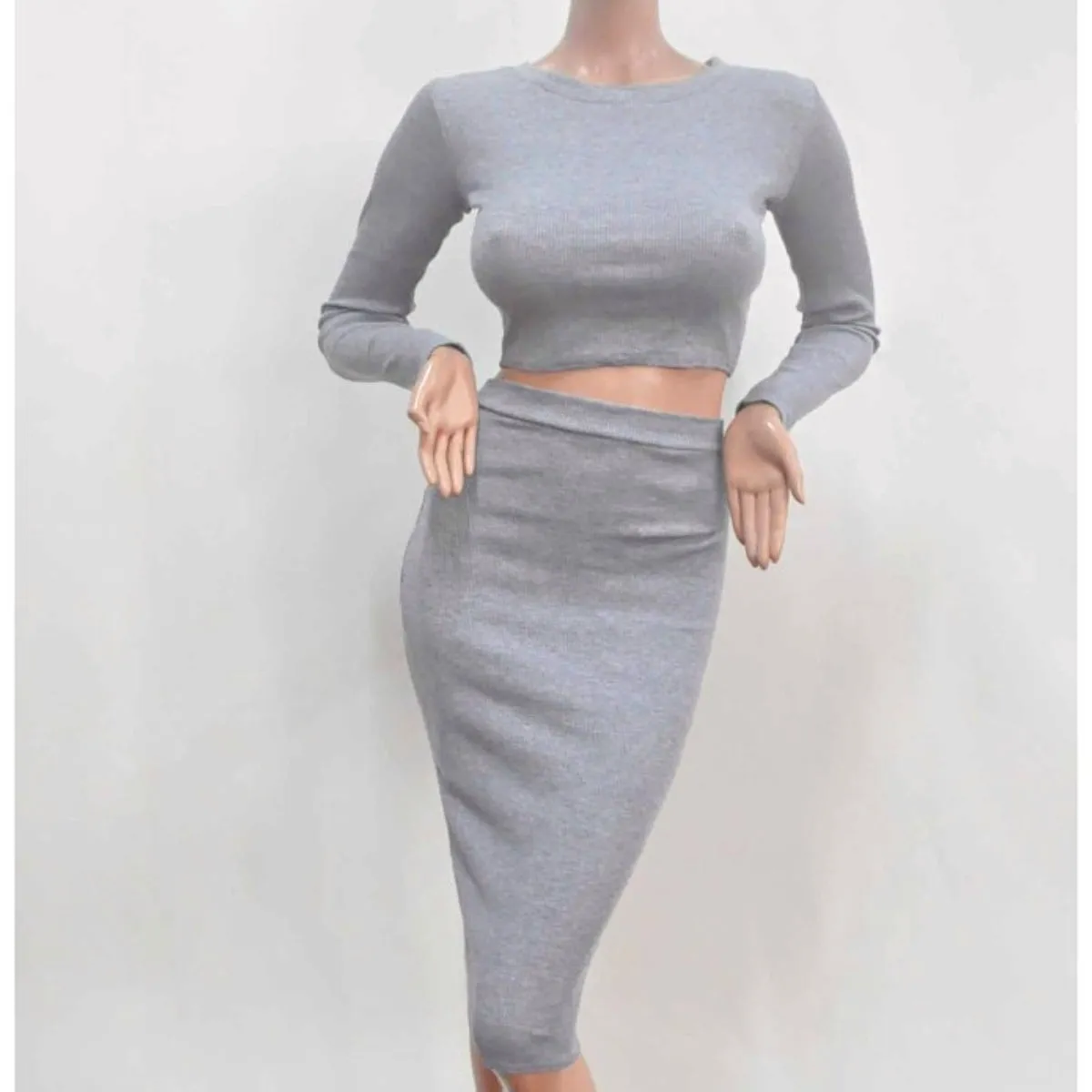 Luexco Women's Long Sleeve Top With Pencil Midi Skirt Bodycon