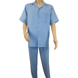 Men 2pc Walking Leisure Suit Short Sleeves By DREAMS Fancy 277-11 Ocean Blue