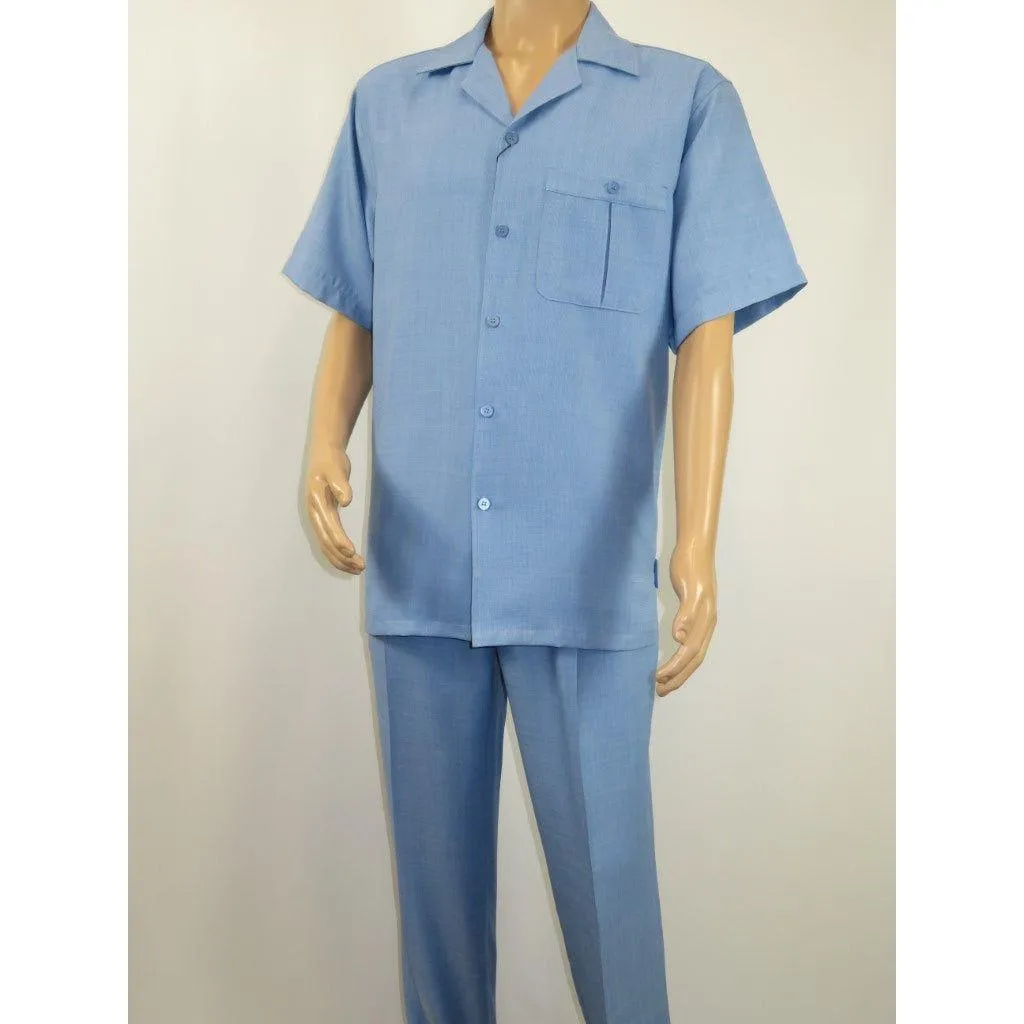 Men 2pc Walking Leisure Suit Short Sleeves By DREAMS Fancy 277-11 Ocean Blue