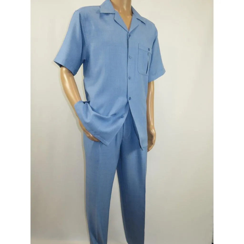 Men 2pc Walking Leisure Suit Short Sleeves By DREAMS Fancy 277-11 Ocean Blue