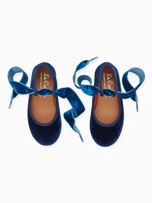 Navy Velvet Girl Bow Ballerina Shoes