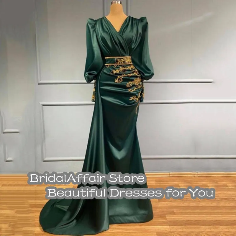 Nukty Chic Mermaid PromDress One Shoulder Beaded Lace Long Sleeves Green Satin Arabic Muslim Formal Party Dresses