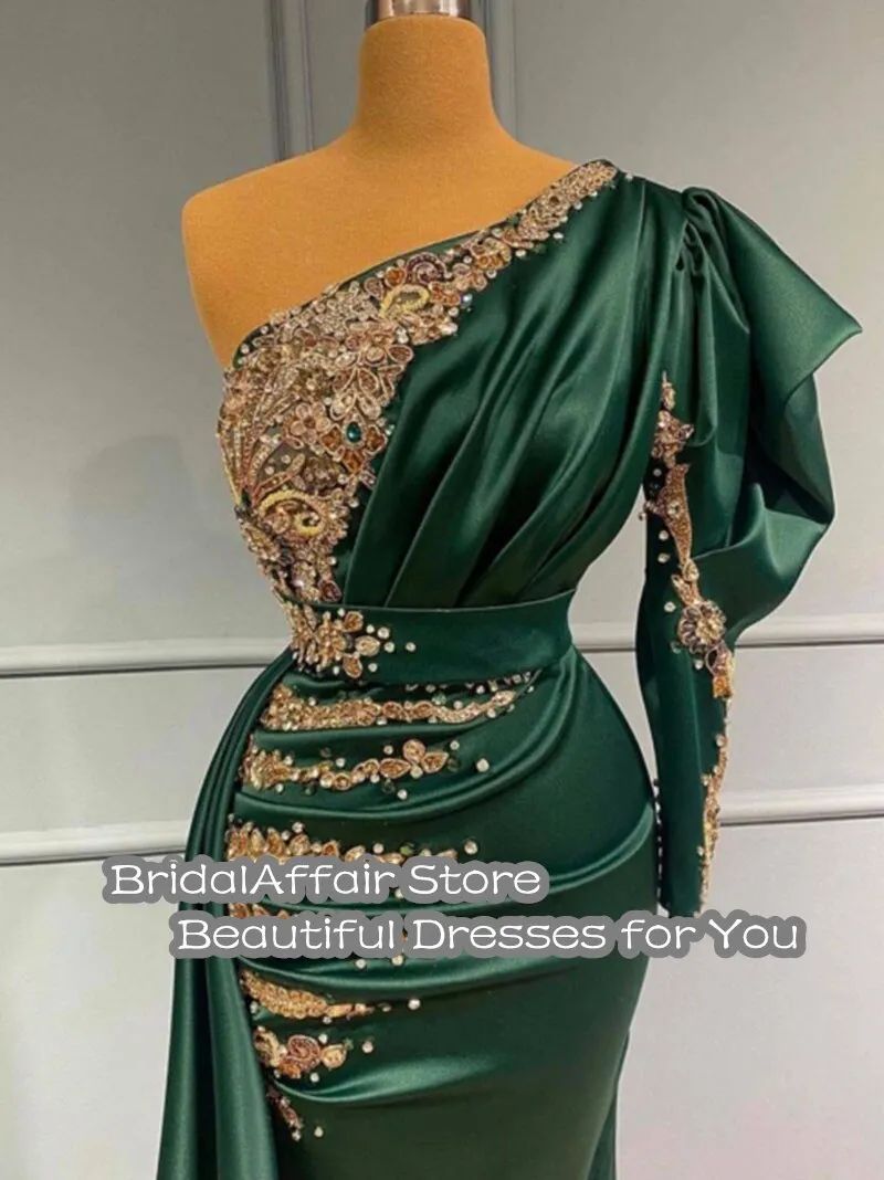 Nukty Chic Mermaid PromDress One Shoulder Beaded Lace Long Sleeves Green Satin Arabic Muslim Formal Party Dresses