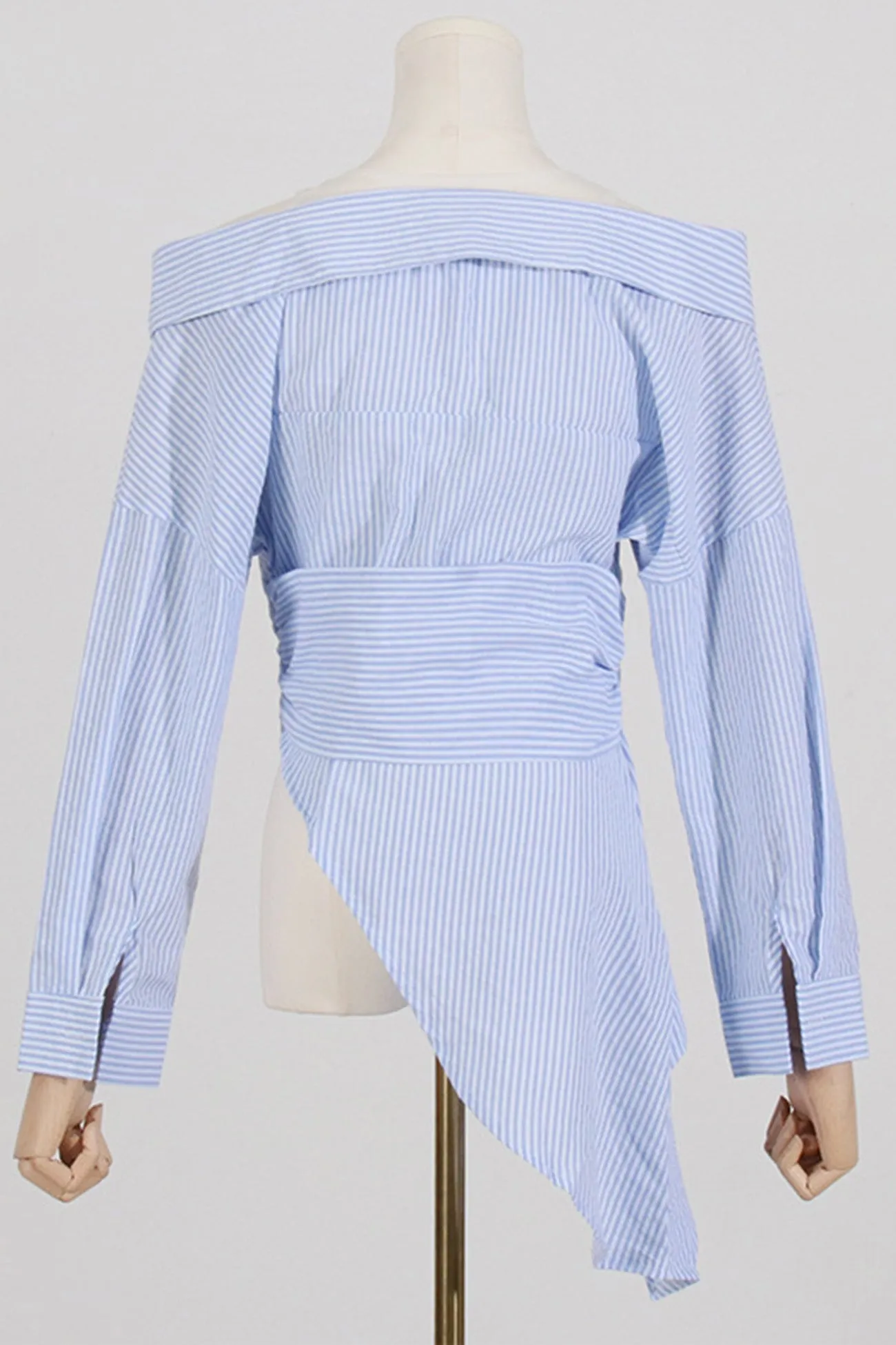 Off Shoulder Irregular Long Sleeve Striped Blouse