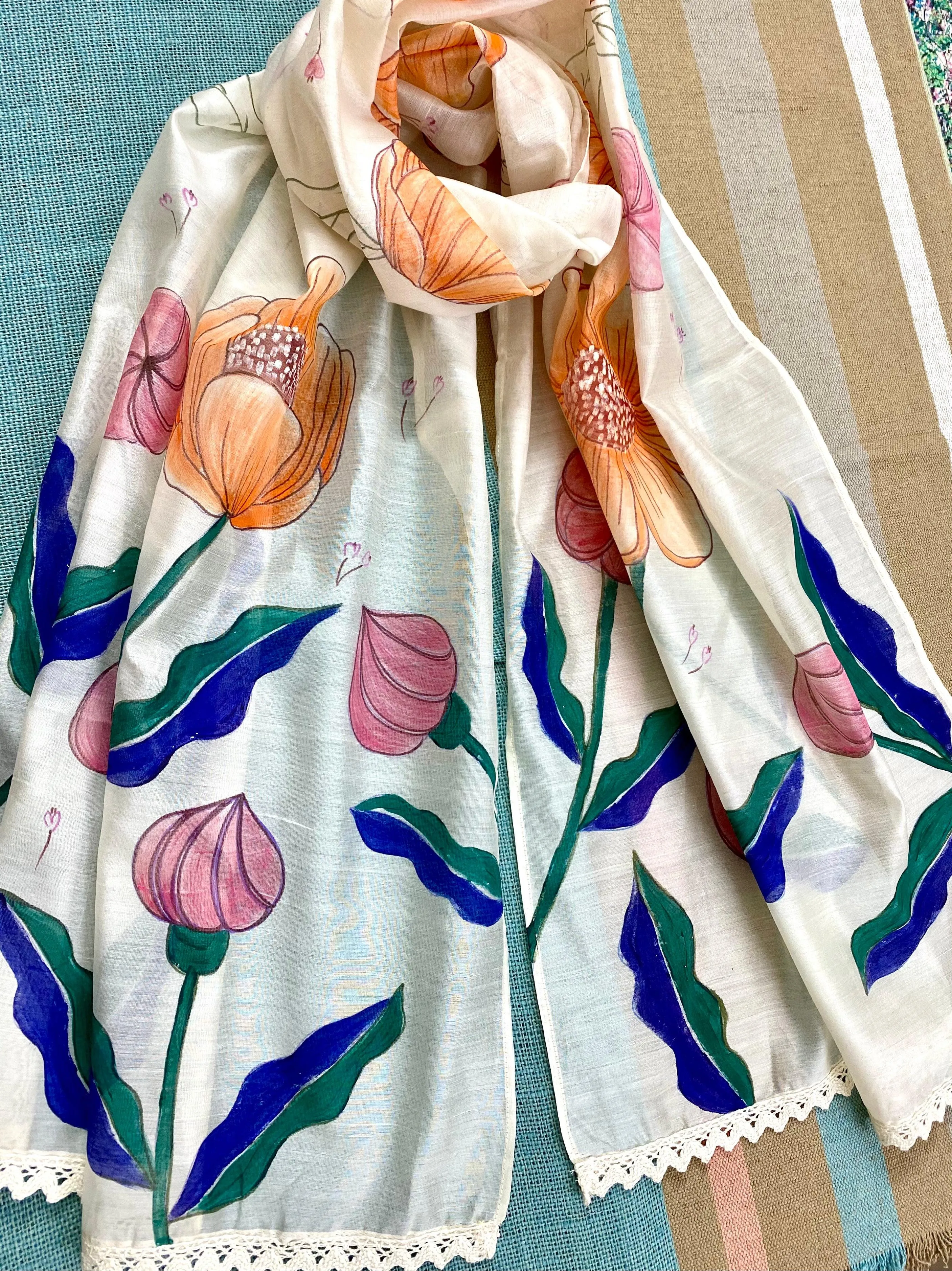 Peachy Pink Hand Painted Silk Cotton Scarf